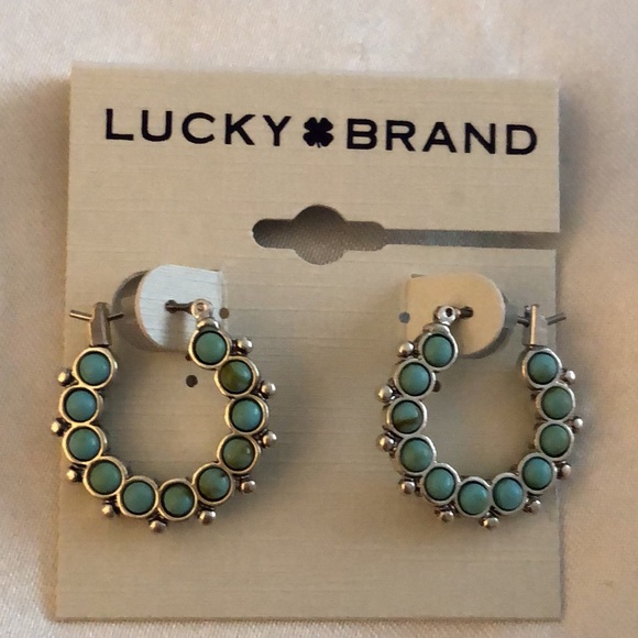 Lucky Brand Silver Tone Turquoise Set Stone Midi Hoop Earrings NWT - Picture 2 of 10